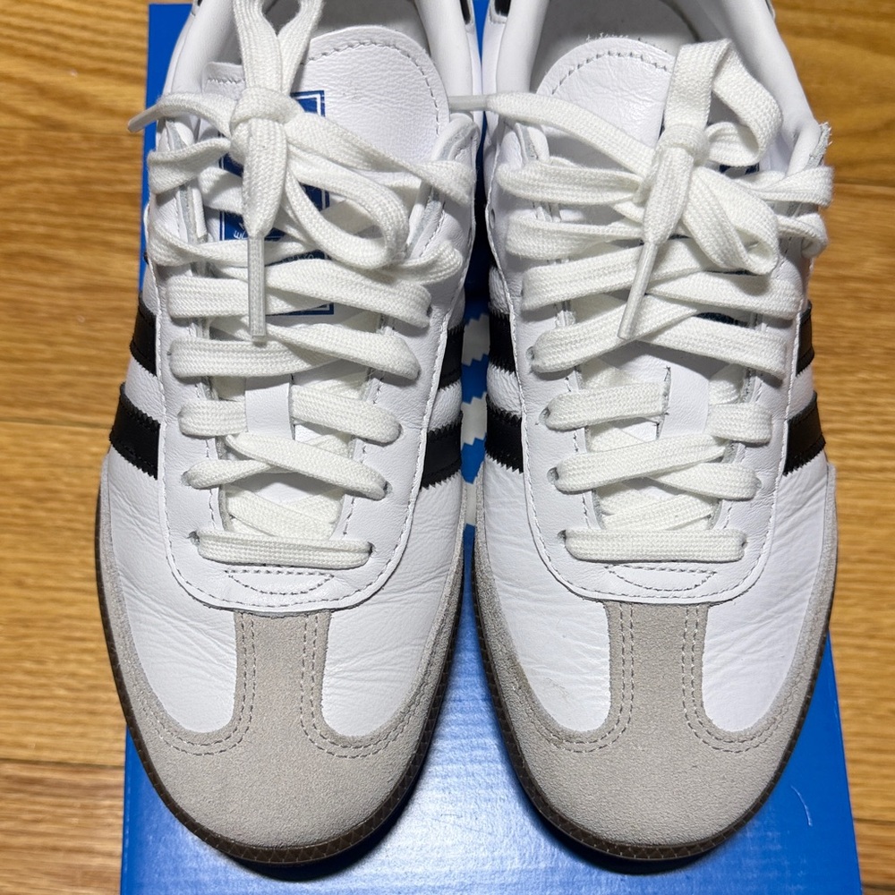 Adidas Women’s White and Black Sneakers with Tan Accents Samba